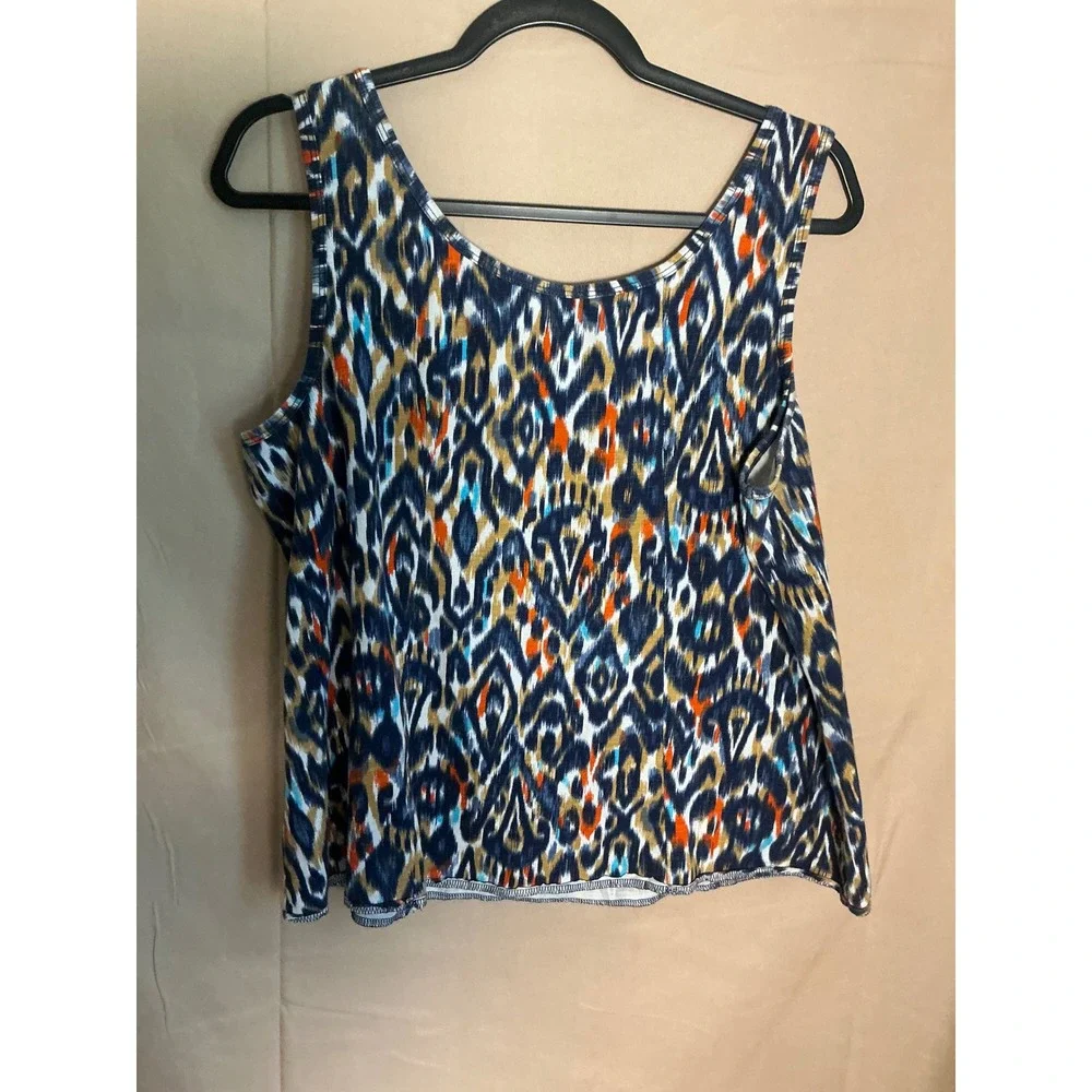 Denim & Company Tank Top Womens Large Blue Orange Ikat Scoop Neck Excellent